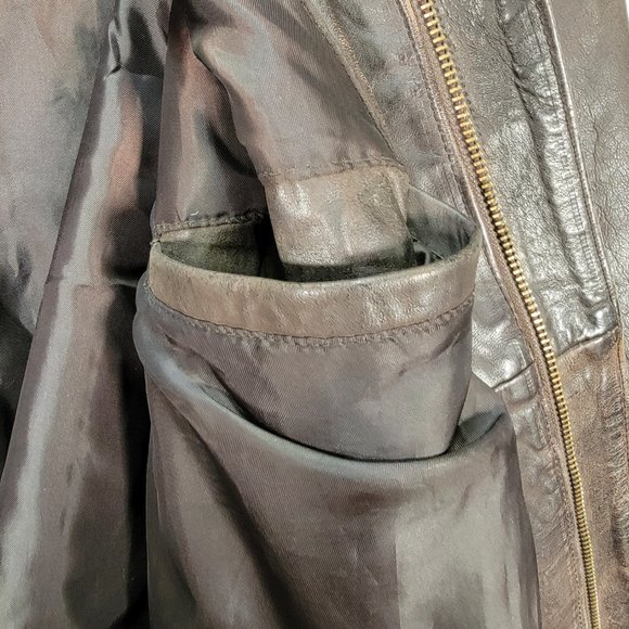 Vintage Context Brown Leather Collared Distressed Aviator Moto Jacket Coat - Picture 5 of 16